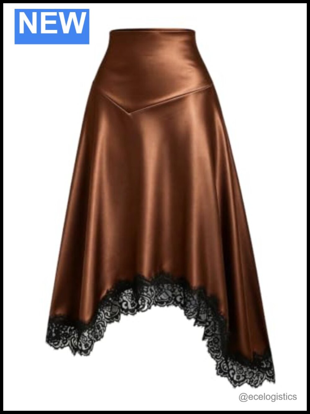 Women's Lace Trim High Waisted A-Line Midi Skirt Flowy Asymmetrical Satin